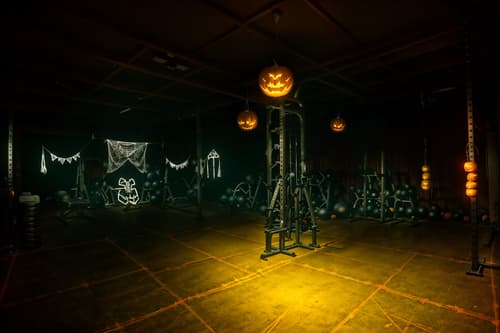 photo from pinterest of halloween-style interior designed (fitness gym interior) with dumbbell stand and crosstrainer and squat rack and bench press and exercise bicycle and dumbbell stand. . with yellow black balloons and lanterns and cobwebs and human skulls and skeletons sitting and standing and cobwebs and spiderwebs and glowing pumpkins. . cinematic photo, highly detailed, cinematic lighting, ultra-detailed, ultrarealistic, photorealism, 8k. trending on pinterest. halloween interior design style. masterpiece, cinematic light, ultrarealistic+, photorealistic+, 8k, raw photo, realistic, sharp focus on eyes, (symmetrical eyes), (intact eyes), hyperrealistic, highest quality, best quality, , highly detailed, masterpiece, best quality, extremely detailed 8k wallpaper, masterpiece, best quality, ultra-detailed, best shadow, detailed background, detailed face, detailed eyes, high contrast, best illumination, detailed face, dulux, caustic, dynamic angle, detailed glow. dramatic lighting. highly detailed, insanely detailed hair, symmetrical, intricate details, professionally retouched, 8k high definition. strong bokeh. award winning photo.