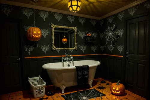 photo from pinterest of halloween-style interior designed (bathroom interior) with waste basket and bathroom cabinet and bathroom sink with faucet and bathtub and plant and mirror and bath rail and toilet seat. . with cobwebs and human skulls and lanterns and glowing pumpkins and cobwebs and spiderwebs and yellow black balloons and lanterns. . cinematic photo, highly detailed, cinematic lighting, ultra-detailed, ultrarealistic, photorealism, 8k. trending on pinterest. halloween interior design style. masterpiece, cinematic light, ultrarealistic+, photorealistic+, 8k, raw photo, realistic, sharp focus on eyes, (symmetrical eyes), (intact eyes), hyperrealistic, highest quality, best quality, , highly detailed, masterpiece, best quality, extremely detailed 8k wallpaper, masterpiece, best quality, ultra-detailed, best shadow, detailed background, detailed face, detailed eyes, high contrast, best illumination, detailed face, dulux, caustic, dynamic angle, detailed glow. dramatic lighting. highly detailed, insanely detailed hair, symmetrical, intricate details, professionally retouched, 8k high definition. strong bokeh. award winning photo.