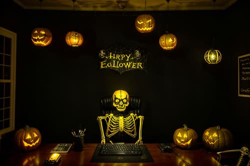 photo from pinterest of halloween-style interior designed (home office interior) with computer desk and plant and cabinets and desk lamp and office chair and computer desk. . with yellow black balloons and cobwebs and skeletons sitting and standing and lanterns and lanterns and glowing pumpkins and human skulls and spiderwebs. . cinematic photo, highly detailed, cinematic lighting, ultra-detailed, ultrarealistic, photorealism, 8k. trending on pinterest. halloween interior design style. masterpiece, cinematic light, ultrarealistic+, photorealistic+, 8k, raw photo, realistic, sharp focus on eyes, (symmetrical eyes), (intact eyes), hyperrealistic, highest quality, best quality, , highly detailed, masterpiece, best quality, extremely detailed 8k wallpaper, masterpiece, best quality, ultra-detailed, best shadow, detailed background, detailed face, detailed eyes, high contrast, best illumination, detailed face, dulux, caustic, dynamic angle, detailed glow. dramatic lighting. highly detailed, insanely detailed hair, symmetrical, intricate details, professionally retouched, 8k high definition. strong bokeh. award winning photo.