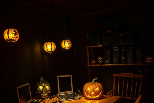photo from pinterest of halloween-style interior designed (home office interior) with computer desk and plant and cabinets and desk lamp and office chair and computer desk. . with yellow black balloons and cobwebs and skeletons sitting and standing and lanterns and lanterns and glowing pumpkins and human skulls and spiderwebs. . cinematic photo, highly detailed, cinematic lighting, ultra-detailed, ultrarealistic, photorealism, 8k. trending on pinterest. halloween interior design style. masterpiece, cinematic light, ultrarealistic+, photorealistic+, 8k, raw photo, realistic, sharp focus on eyes, (symmetrical eyes), (intact eyes), hyperrealistic, highest quality, best quality, , highly detailed, masterpiece, best quality, extremely detailed 8k wallpaper, masterpiece, best quality, ultra-detailed, best shadow, detailed background, detailed face, detailed eyes, high contrast, best illumination, detailed face, dulux, caustic, dynamic angle, detailed glow. dramatic lighting. highly detailed, insanely detailed hair, symmetrical, intricate details, professionally retouched, 8k high definition. strong bokeh. award winning photo.