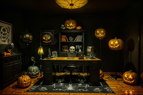photo from pinterest of halloween-style interior designed (home office interior) with computer desk and plant and cabinets and desk lamp and office chair and computer desk. . with yellow black balloons and cobwebs and skeletons sitting and standing and lanterns and lanterns and glowing pumpkins and human skulls and spiderwebs. . cinematic photo, highly detailed, cinematic lighting, ultra-detailed, ultrarealistic, photorealism, 8k. trending on pinterest. halloween interior design style. masterpiece, cinematic light, ultrarealistic+, photorealistic+, 8k, raw photo, realistic, sharp focus on eyes, (symmetrical eyes), (intact eyes), hyperrealistic, highest quality, best quality, , highly detailed, masterpiece, best quality, extremely detailed 8k wallpaper, masterpiece, best quality, ultra-detailed, best shadow, detailed background, detailed face, detailed eyes, high contrast, best illumination, detailed face, dulux, caustic, dynamic angle, detailed glow. dramatic lighting. highly detailed, insanely detailed hair, symmetrical, intricate details, professionally retouched, 8k high definition. strong bokeh. award winning photo.