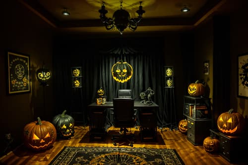 photo from pinterest of halloween-style interior designed (home office interior) with computer desk and plant and cabinets and desk lamp and office chair and computer desk. . with yellow black balloons and cobwebs and skeletons sitting and standing and lanterns and lanterns and glowing pumpkins and human skulls and spiderwebs. . cinematic photo, highly detailed, cinematic lighting, ultra-detailed, ultrarealistic, photorealism, 8k. trending on pinterest. halloween interior design style. masterpiece, cinematic light, ultrarealistic+, photorealistic+, 8k, raw photo, realistic, sharp focus on eyes, (symmetrical eyes), (intact eyes), hyperrealistic, highest quality, best quality, , highly detailed, masterpiece, best quality, extremely detailed 8k wallpaper, masterpiece, best quality, ultra-detailed, best shadow, detailed background, detailed face, detailed eyes, high contrast, best illumination, detailed face, dulux, caustic, dynamic angle, detailed glow. dramatic lighting. highly detailed, insanely detailed hair, symmetrical, intricate details, professionally retouched, 8k high definition. strong bokeh. award winning photo.