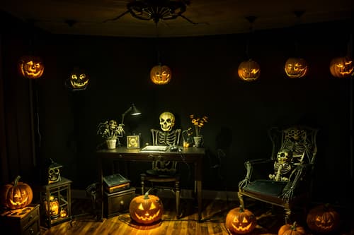 photo from pinterest of halloween-style interior designed (home office interior) with computer desk and plant and cabinets and desk lamp and office chair and computer desk. . with yellow black balloons and cobwebs and skeletons sitting and standing and lanterns and lanterns and glowing pumpkins and human skulls and spiderwebs. . cinematic photo, highly detailed, cinematic lighting, ultra-detailed, ultrarealistic, photorealism, 8k. trending on pinterest. halloween interior design style. masterpiece, cinematic light, ultrarealistic+, photorealistic+, 8k, raw photo, realistic, sharp focus on eyes, (symmetrical eyes), (intact eyes), hyperrealistic, highest quality, best quality, , highly detailed, masterpiece, best quality, extremely detailed 8k wallpaper, masterpiece, best quality, ultra-detailed, best shadow, detailed background, detailed face, detailed eyes, high contrast, best illumination, detailed face, dulux, caustic, dynamic angle, detailed glow. dramatic lighting. highly detailed, insanely detailed hair, symmetrical, intricate details, professionally retouched, 8k high definition. strong bokeh. award winning photo.