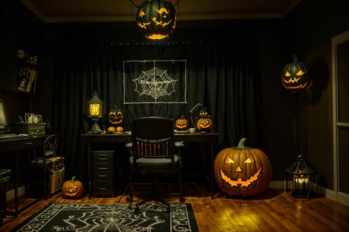 photo from pinterest of halloween-style interior designed (home office interior) with computer desk and plant and cabinets and desk lamp and office chair and computer desk. . with yellow black balloons and cobwebs and skeletons sitting and standing and lanterns and lanterns and glowing pumpkins and human skulls and spiderwebs. . cinematic photo, highly detailed, cinematic lighting, ultra-detailed, ultrarealistic, photorealism, 8k. trending on pinterest. halloween interior design style. masterpiece, cinematic light, ultrarealistic+, photorealistic+, 8k, raw photo, realistic, sharp focus on eyes, (symmetrical eyes), (intact eyes), hyperrealistic, highest quality, best quality, , highly detailed, masterpiece, best quality, extremely detailed 8k wallpaper, masterpiece, best quality, ultra-detailed, best shadow, detailed background, detailed face, detailed eyes, high contrast, best illumination, detailed face, dulux, caustic, dynamic angle, detailed glow. dramatic lighting. highly detailed, insanely detailed hair, symmetrical, intricate details, professionally retouched, 8k high definition. strong bokeh. award winning photo.