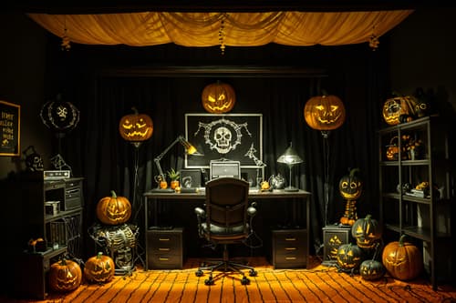 photo from pinterest of halloween-style interior designed (home office interior) with computer desk and plant and cabinets and desk lamp and office chair and computer desk. . with yellow black balloons and cobwebs and skeletons sitting and standing and lanterns and lanterns and glowing pumpkins and human skulls and spiderwebs. . cinematic photo, highly detailed, cinematic lighting, ultra-detailed, ultrarealistic, photorealism, 8k. trending on pinterest. halloween interior design style. masterpiece, cinematic light, ultrarealistic+, photorealistic+, 8k, raw photo, realistic, sharp focus on eyes, (symmetrical eyes), (intact eyes), hyperrealistic, highest quality, best quality, , highly detailed, masterpiece, best quality, extremely detailed 8k wallpaper, masterpiece, best quality, ultra-detailed, best shadow, detailed background, detailed face, detailed eyes, high contrast, best illumination, detailed face, dulux, caustic, dynamic angle, detailed glow. dramatic lighting. highly detailed, insanely detailed hair, symmetrical, intricate details, professionally retouched, 8k high definition. strong bokeh. award winning photo.