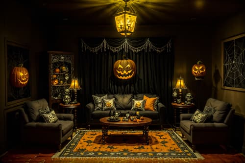 photo from pinterest of halloween-style interior designed (kitchen living combo interior) with coffee tables and chairs and refrigerator and stove and furniture and televisions and sink and rug. . with spiderwebs and lanterns and cobwebs and human skulls and lanterns and glowing pumpkins and skeletons sitting and standing and yellow black balloons. . cinematic photo, highly detailed, cinematic lighting, ultra-detailed, ultrarealistic, photorealism, 8k. trending on pinterest. halloween interior design style. masterpiece, cinematic light, ultrarealistic+, photorealistic+, 8k, raw photo, realistic, sharp focus on eyes, (symmetrical eyes), (intact eyes), hyperrealistic, highest quality, best quality, , highly detailed, masterpiece, best quality, extremely detailed 8k wallpaper, masterpiece, best quality, ultra-detailed, best shadow, detailed background, detailed face, detailed eyes, high contrast, best illumination, detailed face, dulux, caustic, dynamic angle, detailed glow. dramatic lighting. highly detailed, insanely detailed hair, symmetrical, intricate details, professionally retouched, 8k high definition. strong bokeh. award winning photo.
