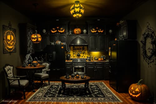 photo from pinterest of halloween-style interior designed (kitchen living combo interior) with coffee tables and chairs and refrigerator and stove and furniture and televisions and sink and rug. . with spiderwebs and lanterns and cobwebs and human skulls and lanterns and glowing pumpkins and skeletons sitting and standing and yellow black balloons. . cinematic photo, highly detailed, cinematic lighting, ultra-detailed, ultrarealistic, photorealism, 8k. trending on pinterest. halloween interior design style. masterpiece, cinematic light, ultrarealistic+, photorealistic+, 8k, raw photo, realistic, sharp focus on eyes, (symmetrical eyes), (intact eyes), hyperrealistic, highest quality, best quality, , highly detailed, masterpiece, best quality, extremely detailed 8k wallpaper, masterpiece, best quality, ultra-detailed, best shadow, detailed background, detailed face, detailed eyes, high contrast, best illumination, detailed face, dulux, caustic, dynamic angle, detailed glow. dramatic lighting. highly detailed, insanely detailed hair, symmetrical, intricate details, professionally retouched, 8k high definition. strong bokeh. award winning photo.
