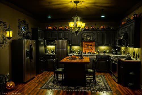 photo from pinterest of halloween-style interior designed (kitchen living combo interior) with coffee tables and chairs and refrigerator and stove and furniture and televisions and sink and rug. . with spiderwebs and lanterns and cobwebs and human skulls and lanterns and glowing pumpkins and skeletons sitting and standing and yellow black balloons. . cinematic photo, highly detailed, cinematic lighting, ultra-detailed, ultrarealistic, photorealism, 8k. trending on pinterest. halloween interior design style. masterpiece, cinematic light, ultrarealistic+, photorealistic+, 8k, raw photo, realistic, sharp focus on eyes, (symmetrical eyes), (intact eyes), hyperrealistic, highest quality, best quality, , highly detailed, masterpiece, best quality, extremely detailed 8k wallpaper, masterpiece, best quality, ultra-detailed, best shadow, detailed background, detailed face, detailed eyes, high contrast, best illumination, detailed face, dulux, caustic, dynamic angle, detailed glow. dramatic lighting. highly detailed, insanely detailed hair, symmetrical, intricate details, professionally retouched, 8k high definition. strong bokeh. award winning photo.