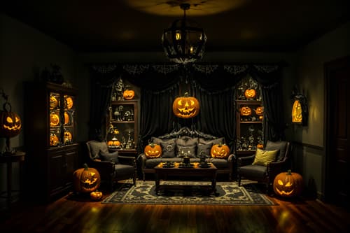 photo from pinterest of halloween-style interior designed (kitchen living combo interior) with coffee tables and chairs and refrigerator and stove and furniture and televisions and sink and rug. . with spiderwebs and lanterns and cobwebs and human skulls and lanterns and glowing pumpkins and skeletons sitting and standing and yellow black balloons. . cinematic photo, highly detailed, cinematic lighting, ultra-detailed, ultrarealistic, photorealism, 8k. trending on pinterest. halloween interior design style. masterpiece, cinematic light, ultrarealistic+, photorealistic+, 8k, raw photo, realistic, sharp focus on eyes, (symmetrical eyes), (intact eyes), hyperrealistic, highest quality, best quality, , highly detailed, masterpiece, best quality, extremely detailed 8k wallpaper, masterpiece, best quality, ultra-detailed, best shadow, detailed background, detailed face, detailed eyes, high contrast, best illumination, detailed face, dulux, caustic, dynamic angle, detailed glow. dramatic lighting. highly detailed, insanely detailed hair, symmetrical, intricate details, professionally retouched, 8k high definition. strong bokeh. award winning photo.