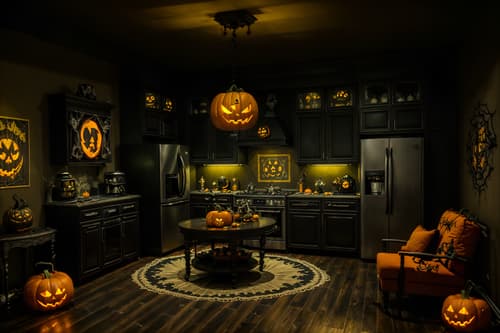 photo from pinterest of halloween-style interior designed (kitchen living combo interior) with coffee tables and chairs and refrigerator and stove and furniture and televisions and sink and rug. . with spiderwebs and lanterns and cobwebs and human skulls and lanterns and glowing pumpkins and skeletons sitting and standing and yellow black balloons. . cinematic photo, highly detailed, cinematic lighting, ultra-detailed, ultrarealistic, photorealism, 8k. trending on pinterest. halloween interior design style. masterpiece, cinematic light, ultrarealistic+, photorealistic+, 8k, raw photo, realistic, sharp focus on eyes, (symmetrical eyes), (intact eyes), hyperrealistic, highest quality, best quality, , highly detailed, masterpiece, best quality, extremely detailed 8k wallpaper, masterpiece, best quality, ultra-detailed, best shadow, detailed background, detailed face, detailed eyes, high contrast, best illumination, detailed face, dulux, caustic, dynamic angle, detailed glow. dramatic lighting. highly detailed, insanely detailed hair, symmetrical, intricate details, professionally retouched, 8k high definition. strong bokeh. award winning photo.