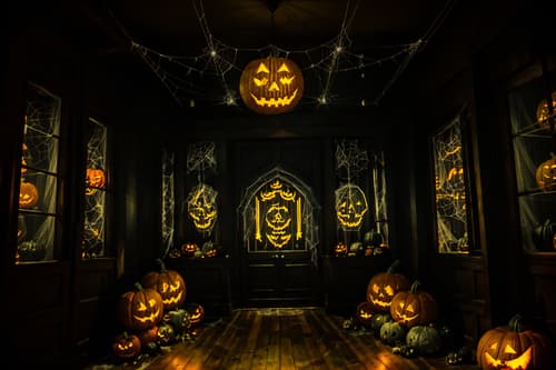 photo from pinterest of halloween-style interior designed (clothing store interior) . with cobwebs and spiderwebs and cobwebs and glowing pumpkins and human skulls and lanterns and yellow black balloons and lanterns. . cinematic photo, highly detailed, cinematic lighting, ultra-detailed, ultrarealistic, photorealism, 8k. trending on pinterest. halloween interior design style. masterpiece, cinematic light, ultrarealistic+, photorealistic+, 8k, raw photo, realistic, sharp focus on eyes, (symmetrical eyes), (intact eyes), hyperrealistic, highest quality, best quality, , highly detailed, masterpiece, best quality, extremely detailed 8k wallpaper, masterpiece, best quality, ultra-detailed, best shadow, detailed background, detailed face, detailed eyes, high contrast, best illumination, detailed face, dulux, caustic, dynamic angle, detailed glow. dramatic lighting. highly detailed, insanely detailed hair, symmetrical, intricate details, professionally retouched, 8k high definition. strong bokeh. award winning photo.
