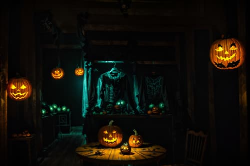 photo from pinterest of halloween-style interior designed (clothing store interior) . with cobwebs and spiderwebs and cobwebs and glowing pumpkins and human skulls and lanterns and yellow black balloons and lanterns. . cinematic photo, highly detailed, cinematic lighting, ultra-detailed, ultrarealistic, photorealism, 8k. trending on pinterest. halloween interior design style. masterpiece, cinematic light, ultrarealistic+, photorealistic+, 8k, raw photo, realistic, sharp focus on eyes, (symmetrical eyes), (intact eyes), hyperrealistic, highest quality, best quality, , highly detailed, masterpiece, best quality, extremely detailed 8k wallpaper, masterpiece, best quality, ultra-detailed, best shadow, detailed background, detailed face, detailed eyes, high contrast, best illumination, detailed face, dulux, caustic, dynamic angle, detailed glow. dramatic lighting. highly detailed, insanely detailed hair, symmetrical, intricate details, professionally retouched, 8k high definition. strong bokeh. award winning photo.