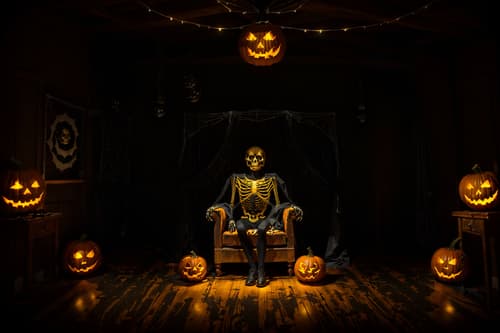 photo from pinterest of halloween-style interior designed (attic interior) . with glowing pumpkins and human skulls and yellow black balloons and cobwebs and lanterns and lanterns and spiderwebs and skeletons sitting and standing. . cinematic photo, highly detailed, cinematic lighting, ultra-detailed, ultrarealistic, photorealism, 8k. trending on pinterest. halloween interior design style. masterpiece, cinematic light, ultrarealistic+, photorealistic+, 8k, raw photo, realistic, sharp focus on eyes, (symmetrical eyes), (intact eyes), hyperrealistic, highest quality, best quality, , highly detailed, masterpiece, best quality, extremely detailed 8k wallpaper, masterpiece, best quality, ultra-detailed, best shadow, detailed background, detailed face, detailed eyes, high contrast, best illumination, detailed face, dulux, caustic, dynamic angle, detailed glow. dramatic lighting. highly detailed, insanely detailed hair, symmetrical, intricate details, professionally retouched, 8k high definition. strong bokeh. award winning photo.