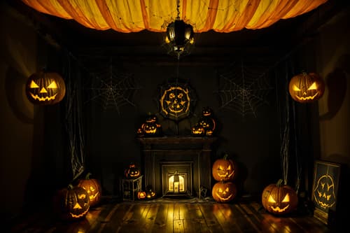 photo from pinterest of halloween-style interior designed (attic interior) . with glowing pumpkins and human skulls and yellow black balloons and cobwebs and lanterns and lanterns and spiderwebs and skeletons sitting and standing. . cinematic photo, highly detailed, cinematic lighting, ultra-detailed, ultrarealistic, photorealism, 8k. trending on pinterest. halloween interior design style. masterpiece, cinematic light, ultrarealistic+, photorealistic+, 8k, raw photo, realistic, sharp focus on eyes, (symmetrical eyes), (intact eyes), hyperrealistic, highest quality, best quality, , highly detailed, masterpiece, best quality, extremely detailed 8k wallpaper, masterpiece, best quality, ultra-detailed, best shadow, detailed background, detailed face, detailed eyes, high contrast, best illumination, detailed face, dulux, caustic, dynamic angle, detailed glow. dramatic lighting. highly detailed, insanely detailed hair, symmetrical, intricate details, professionally retouched, 8k high definition. strong bokeh. award winning photo.