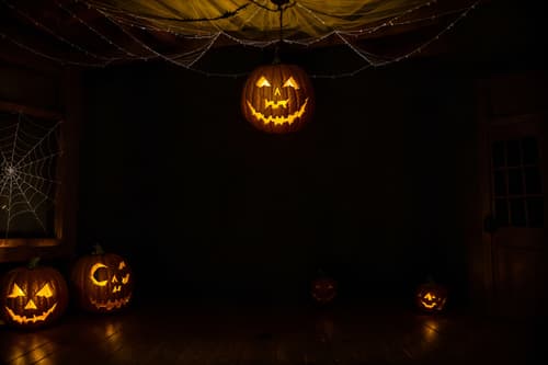 photo from pinterest of halloween-style interior designed (attic interior) . with glowing pumpkins and human skulls and yellow black balloons and cobwebs and lanterns and lanterns and spiderwebs and skeletons sitting and standing. . cinematic photo, highly detailed, cinematic lighting, ultra-detailed, ultrarealistic, photorealism, 8k. trending on pinterest. halloween interior design style. masterpiece, cinematic light, ultrarealistic+, photorealistic+, 8k, raw photo, realistic, sharp focus on eyes, (symmetrical eyes), (intact eyes), hyperrealistic, highest quality, best quality, , highly detailed, masterpiece, best quality, extremely detailed 8k wallpaper, masterpiece, best quality, ultra-detailed, best shadow, detailed background, detailed face, detailed eyes, high contrast, best illumination, detailed face, dulux, caustic, dynamic angle, detailed glow. dramatic lighting. highly detailed, insanely detailed hair, symmetrical, intricate details, professionally retouched, 8k high definition. strong bokeh. award winning photo.