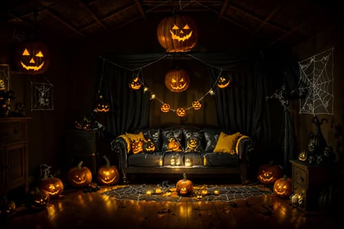 photo from pinterest of halloween-style interior designed (attic interior) . with glowing pumpkins and human skulls and yellow black balloons and cobwebs and lanterns and lanterns and spiderwebs and skeletons sitting and standing. . cinematic photo, highly detailed, cinematic lighting, ultra-detailed, ultrarealistic, photorealism, 8k. trending on pinterest. halloween interior design style. masterpiece, cinematic light, ultrarealistic+, photorealistic+, 8k, raw photo, realistic, sharp focus on eyes, (symmetrical eyes), (intact eyes), hyperrealistic, highest quality, best quality, , highly detailed, masterpiece, best quality, extremely detailed 8k wallpaper, masterpiece, best quality, ultra-detailed, best shadow, detailed background, detailed face, detailed eyes, high contrast, best illumination, detailed face, dulux, caustic, dynamic angle, detailed glow. dramatic lighting. highly detailed, insanely detailed hair, symmetrical, intricate details, professionally retouched, 8k high definition. strong bokeh. award winning photo.