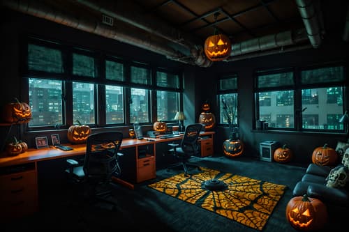 photo from pinterest of halloween-style interior designed (office interior) with office chairs and computer desks and windows and cabinets and lounge chairs and desk lamps and office desks and plants. . with glowing pumpkins and cobwebs and lanterns and human skulls and lanterns and skeletons sitting and standing and spiderwebs and cobwebs. . cinematic photo, highly detailed, cinematic lighting, ultra-detailed, ultrarealistic, photorealism, 8k. trending on pinterest. halloween interior design style. masterpiece, cinematic light, ultrarealistic+, photorealistic+, 8k, raw photo, realistic, sharp focus on eyes, (symmetrical eyes), (intact eyes), hyperrealistic, highest quality, best quality, , highly detailed, masterpiece, best quality, extremely detailed 8k wallpaper, masterpiece, best quality, ultra-detailed, best shadow, detailed background, detailed face, detailed eyes, high contrast, best illumination, detailed face, dulux, caustic, dynamic angle, detailed glow. dramatic lighting. highly detailed, insanely detailed hair, symmetrical, intricate details, professionally retouched, 8k high definition. strong bokeh. award winning photo.