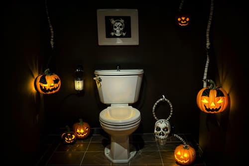 photo from pinterest of halloween-style interior designed (toilet interior) with sink with tap and toilet paper hanger and toilet with toilet seat up and sink with tap. . with yellow black balloons and lanterns and cobwebs and human skulls and lanterns and cobwebs and glowing pumpkins and spiderwebs. . cinematic photo, highly detailed, cinematic lighting, ultra-detailed, ultrarealistic, photorealism, 8k. trending on pinterest. halloween interior design style. masterpiece, cinematic light, ultrarealistic+, photorealistic+, 8k, raw photo, realistic, sharp focus on eyes, (symmetrical eyes), (intact eyes), hyperrealistic, highest quality, best quality, , highly detailed, masterpiece, best quality, extremely detailed 8k wallpaper, masterpiece, best quality, ultra-detailed, best shadow, detailed background, detailed face, detailed eyes, high contrast, best illumination, detailed face, dulux, caustic, dynamic angle, detailed glow. dramatic lighting. highly detailed, insanely detailed hair, symmetrical, intricate details, professionally retouched, 8k high definition. strong bokeh. award winning photo.