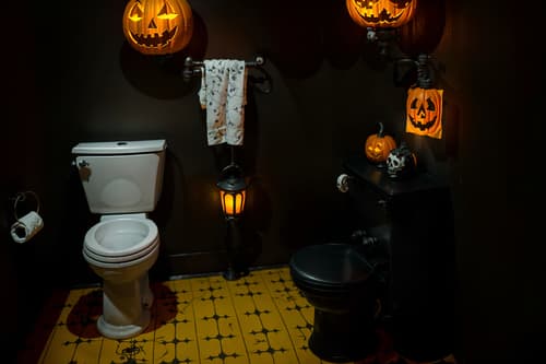 photo from pinterest of halloween-style interior designed (toilet interior) with sink with tap and toilet paper hanger and toilet with toilet seat up and sink with tap. . with yellow black balloons and lanterns and cobwebs and human skulls and lanterns and cobwebs and glowing pumpkins and spiderwebs. . cinematic photo, highly detailed, cinematic lighting, ultra-detailed, ultrarealistic, photorealism, 8k. trending on pinterest. halloween interior design style. masterpiece, cinematic light, ultrarealistic+, photorealistic+, 8k, raw photo, realistic, sharp focus on eyes, (symmetrical eyes), (intact eyes), hyperrealistic, highest quality, best quality, , highly detailed, masterpiece, best quality, extremely detailed 8k wallpaper, masterpiece, best quality, ultra-detailed, best shadow, detailed background, detailed face, detailed eyes, high contrast, best illumination, detailed face, dulux, caustic, dynamic angle, detailed glow. dramatic lighting. highly detailed, insanely detailed hair, symmetrical, intricate details, professionally retouched, 8k high definition. strong bokeh. award winning photo.