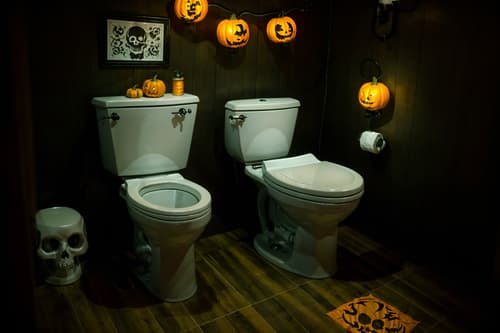 photo from pinterest of halloween-style interior designed (toilet interior) with sink with tap and toilet paper hanger and toilet with toilet seat up and sink with tap. . with yellow black balloons and lanterns and cobwebs and human skulls and lanterns and cobwebs and glowing pumpkins and spiderwebs. . cinematic photo, highly detailed, cinematic lighting, ultra-detailed, ultrarealistic, photorealism, 8k. trending on pinterest. halloween interior design style. masterpiece, cinematic light, ultrarealistic+, photorealistic+, 8k, raw photo, realistic, sharp focus on eyes, (symmetrical eyes), (intact eyes), hyperrealistic, highest quality, best quality, , highly detailed, masterpiece, best quality, extremely detailed 8k wallpaper, masterpiece, best quality, ultra-detailed, best shadow, detailed background, detailed face, detailed eyes, high contrast, best illumination, detailed face, dulux, caustic, dynamic angle, detailed glow. dramatic lighting. highly detailed, insanely detailed hair, symmetrical, intricate details, professionally retouched, 8k high definition. strong bokeh. award winning photo.
