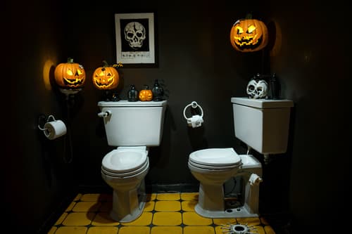 photo from pinterest of halloween-style interior designed (toilet interior) with sink with tap and toilet paper hanger and toilet with toilet seat up and sink with tap. . with yellow black balloons and lanterns and cobwebs and human skulls and lanterns and cobwebs and glowing pumpkins and spiderwebs. . cinematic photo, highly detailed, cinematic lighting, ultra-detailed, ultrarealistic, photorealism, 8k. trending on pinterest. halloween interior design style. masterpiece, cinematic light, ultrarealistic+, photorealistic+, 8k, raw photo, realistic, sharp focus on eyes, (symmetrical eyes), (intact eyes), hyperrealistic, highest quality, best quality, , highly detailed, masterpiece, best quality, extremely detailed 8k wallpaper, masterpiece, best quality, ultra-detailed, best shadow, detailed background, detailed face, detailed eyes, high contrast, best illumination, detailed face, dulux, caustic, dynamic angle, detailed glow. dramatic lighting. highly detailed, insanely detailed hair, symmetrical, intricate details, professionally retouched, 8k high definition. strong bokeh. award winning photo.