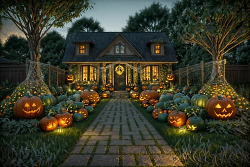 photo from pinterest of halloween-style designed (outdoor garden ) with garden plants and garden tree and grass and garden plants. . with glowing pumpkins and spiderwebs and lanterns and human skulls and lanterns and cobwebs and skeletons sitting and standing and yellow black balloons. . cinematic photo, highly detailed, cinematic lighting, ultra-detailed, ultrarealistic, photorealism, 8k. trending on pinterest. halloween design style. masterpiece, cinematic light, ultrarealistic+, photorealistic+, 8k, raw photo, realistic, sharp focus on eyes, (symmetrical eyes), (intact eyes), hyperrealistic, highest quality, best quality, , highly detailed, masterpiece, best quality, extremely detailed 8k wallpaper, masterpiece, best quality, ultra-detailed, best shadow, detailed background, detailed face, detailed eyes, high contrast, best illumination, detailed face, dulux, caustic, dynamic angle, detailed glow. dramatic lighting. highly detailed, insanely detailed hair, symmetrical, intricate details, professionally retouched, 8k high definition. strong bokeh. award winning photo.