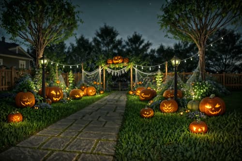 photo from pinterest of halloween-style designed (outdoor garden ) with garden plants and garden tree and grass and garden plants. . with glowing pumpkins and spiderwebs and lanterns and human skulls and lanterns and cobwebs and skeletons sitting and standing and yellow black balloons. . cinematic photo, highly detailed, cinematic lighting, ultra-detailed, ultrarealistic, photorealism, 8k. trending on pinterest. halloween design style. masterpiece, cinematic light, ultrarealistic+, photorealistic+, 8k, raw photo, realistic, sharp focus on eyes, (symmetrical eyes), (intact eyes), hyperrealistic, highest quality, best quality, , highly detailed, masterpiece, best quality, extremely detailed 8k wallpaper, masterpiece, best quality, ultra-detailed, best shadow, detailed background, detailed face, detailed eyes, high contrast, best illumination, detailed face, dulux, caustic, dynamic angle, detailed glow. dramatic lighting. highly detailed, insanely detailed hair, symmetrical, intricate details, professionally retouched, 8k high definition. strong bokeh. award winning photo.