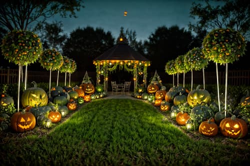 photo from pinterest of halloween-style designed (outdoor garden ) with garden plants and garden tree and grass and garden plants. . with glowing pumpkins and spiderwebs and lanterns and human skulls and lanterns and cobwebs and skeletons sitting and standing and yellow black balloons. . cinematic photo, highly detailed, cinematic lighting, ultra-detailed, ultrarealistic, photorealism, 8k. trending on pinterest. halloween design style. masterpiece, cinematic light, ultrarealistic+, photorealistic+, 8k, raw photo, realistic, sharp focus on eyes, (symmetrical eyes), (intact eyes), hyperrealistic, highest quality, best quality, , highly detailed, masterpiece, best quality, extremely detailed 8k wallpaper, masterpiece, best quality, ultra-detailed, best shadow, detailed background, detailed face, detailed eyes, high contrast, best illumination, detailed face, dulux, caustic, dynamic angle, detailed glow. dramatic lighting. highly detailed, insanely detailed hair, symmetrical, intricate details, professionally retouched, 8k high definition. strong bokeh. award winning photo.