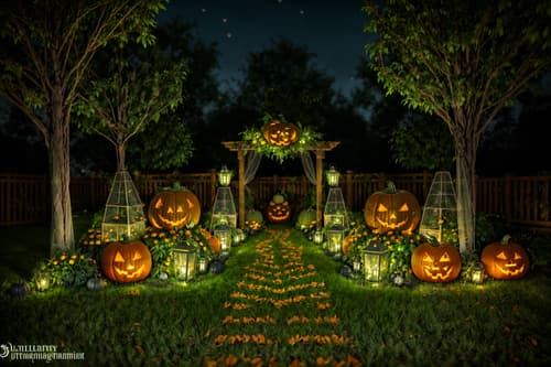 photo from pinterest of halloween-style designed (outdoor garden ) with garden plants and garden tree and grass and garden plants. . with glowing pumpkins and spiderwebs and lanterns and human skulls and lanterns and cobwebs and skeletons sitting and standing and yellow black balloons. . cinematic photo, highly detailed, cinematic lighting, ultra-detailed, ultrarealistic, photorealism, 8k. trending on pinterest. halloween design style. masterpiece, cinematic light, ultrarealistic+, photorealistic+, 8k, raw photo, realistic, sharp focus on eyes, (symmetrical eyes), (intact eyes), hyperrealistic, highest quality, best quality, , highly detailed, masterpiece, best quality, extremely detailed 8k wallpaper, masterpiece, best quality, ultra-detailed, best shadow, detailed background, detailed face, detailed eyes, high contrast, best illumination, detailed face, dulux, caustic, dynamic angle, detailed glow. dramatic lighting. highly detailed, insanely detailed hair, symmetrical, intricate details, professionally retouched, 8k high definition. strong bokeh. award winning photo.