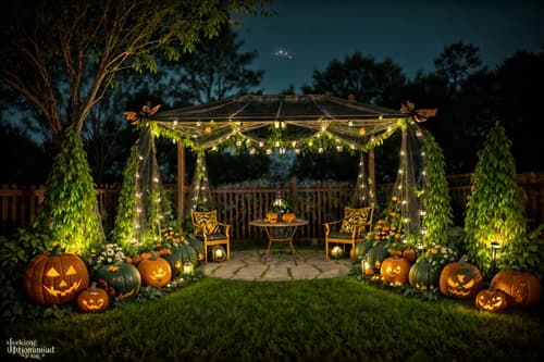 photo from pinterest of halloween-style designed (outdoor garden ) with garden plants and garden tree and grass and garden plants. . with glowing pumpkins and spiderwebs and lanterns and human skulls and lanterns and cobwebs and skeletons sitting and standing and yellow black balloons. . cinematic photo, highly detailed, cinematic lighting, ultra-detailed, ultrarealistic, photorealism, 8k. trending on pinterest. halloween design style. masterpiece, cinematic light, ultrarealistic+, photorealistic+, 8k, raw photo, realistic, sharp focus on eyes, (symmetrical eyes), (intact eyes), hyperrealistic, highest quality, best quality, , highly detailed, masterpiece, best quality, extremely detailed 8k wallpaper, masterpiece, best quality, ultra-detailed, best shadow, detailed background, detailed face, detailed eyes, high contrast, best illumination, detailed face, dulux, caustic, dynamic angle, detailed glow. dramatic lighting. highly detailed, insanely detailed hair, symmetrical, intricate details, professionally retouched, 8k high definition. strong bokeh. award winning photo.
