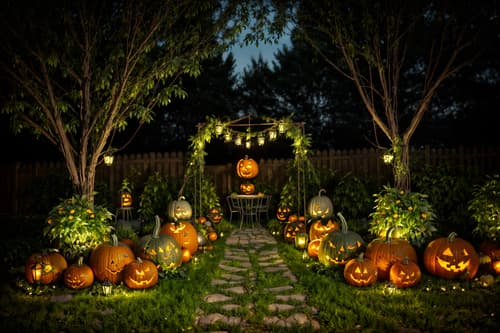 photo from pinterest of halloween-style designed (outdoor garden ) with garden plants and garden tree and grass and garden plants. . with glowing pumpkins and spiderwebs and lanterns and human skulls and lanterns and cobwebs and skeletons sitting and standing and yellow black balloons. . cinematic photo, highly detailed, cinematic lighting, ultra-detailed, ultrarealistic, photorealism, 8k. trending on pinterest. halloween design style. masterpiece, cinematic light, ultrarealistic+, photorealistic+, 8k, raw photo, realistic, sharp focus on eyes, (symmetrical eyes), (intact eyes), hyperrealistic, highest quality, best quality, , highly detailed, masterpiece, best quality, extremely detailed 8k wallpaper, masterpiece, best quality, ultra-detailed, best shadow, detailed background, detailed face, detailed eyes, high contrast, best illumination, detailed face, dulux, caustic, dynamic angle, detailed glow. dramatic lighting. highly detailed, insanely detailed hair, symmetrical, intricate details, professionally retouched, 8k high definition. strong bokeh. award winning photo.