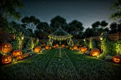photo from pinterest of halloween-style designed (outdoor garden ) with garden plants and garden tree and grass and garden plants. . with glowing pumpkins and spiderwebs and lanterns and human skulls and lanterns and cobwebs and skeletons sitting and standing and yellow black balloons. . cinematic photo, highly detailed, cinematic lighting, ultra-detailed, ultrarealistic, photorealism, 8k. trending on pinterest. halloween design style. masterpiece, cinematic light, ultrarealistic+, photorealistic+, 8k, raw photo, realistic, sharp focus on eyes, (symmetrical eyes), (intact eyes), hyperrealistic, highest quality, best quality, , highly detailed, masterpiece, best quality, extremely detailed 8k wallpaper, masterpiece, best quality, ultra-detailed, best shadow, detailed background, detailed face, detailed eyes, high contrast, best illumination, detailed face, dulux, caustic, dynamic angle, detailed glow. dramatic lighting. highly detailed, insanely detailed hair, symmetrical, intricate details, professionally retouched, 8k high definition. strong bokeh. award winning photo.