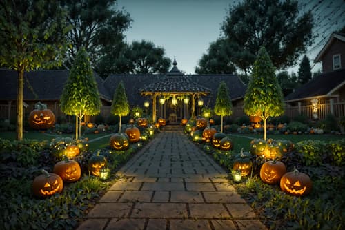 photo from pinterest of halloween-style designed (outdoor garden ) with garden plants and garden tree and grass and garden plants. . with glowing pumpkins and spiderwebs and lanterns and human skulls and lanterns and cobwebs and skeletons sitting and standing and yellow black balloons. . cinematic photo, highly detailed, cinematic lighting, ultra-detailed, ultrarealistic, photorealism, 8k. trending on pinterest. halloween design style. masterpiece, cinematic light, ultrarealistic+, photorealistic+, 8k, raw photo, realistic, sharp focus on eyes, (symmetrical eyes), (intact eyes), hyperrealistic, highest quality, best quality, , highly detailed, masterpiece, best quality, extremely detailed 8k wallpaper, masterpiece, best quality, ultra-detailed, best shadow, detailed background, detailed face, detailed eyes, high contrast, best illumination, detailed face, dulux, caustic, dynamic angle, detailed glow. dramatic lighting. highly detailed, insanely detailed hair, symmetrical, intricate details, professionally retouched, 8k high definition. strong bokeh. award winning photo.
