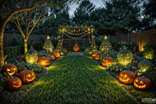 photo from pinterest of halloween-style designed (outdoor garden ) with garden plants and garden tree and grass and garden plants. . with glowing pumpkins and spiderwebs and lanterns and human skulls and lanterns and cobwebs and skeletons sitting and standing and yellow black balloons. . cinematic photo, highly detailed, cinematic lighting, ultra-detailed, ultrarealistic, photorealism, 8k. trending on pinterest. halloween design style. masterpiece, cinematic light, ultrarealistic+, photorealistic+, 8k, raw photo, realistic, sharp focus on eyes, (symmetrical eyes), (intact eyes), hyperrealistic, highest quality, best quality, , highly detailed, masterpiece, best quality, extremely detailed 8k wallpaper, masterpiece, best quality, ultra-detailed, best shadow, detailed background, detailed face, detailed eyes, high contrast, best illumination, detailed face, dulux, caustic, dynamic angle, detailed glow. dramatic lighting. highly detailed, insanely detailed hair, symmetrical, intricate details, professionally retouched, 8k high definition. strong bokeh. award winning photo.