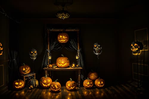 photo from pinterest of halloween-style interior designed (gaming room interior) . with human skulls and yellow black balloons and lanterns and cobwebs and skeletons sitting and standing and cobwebs and lanterns and glowing pumpkins. . cinematic photo, highly detailed, cinematic lighting, ultra-detailed, ultrarealistic, photorealism, 8k. trending on pinterest. halloween interior design style. masterpiece, cinematic light, ultrarealistic+, photorealistic+, 8k, raw photo, realistic, sharp focus on eyes, (symmetrical eyes), (intact eyes), hyperrealistic, highest quality, best quality, , highly detailed, masterpiece, best quality, extremely detailed 8k wallpaper, masterpiece, best quality, ultra-detailed, best shadow, detailed background, detailed face, detailed eyes, high contrast, best illumination, detailed face, dulux, caustic, dynamic angle, detailed glow. dramatic lighting. highly detailed, insanely detailed hair, symmetrical, intricate details, professionally retouched, 8k high definition. strong bokeh. award winning photo.