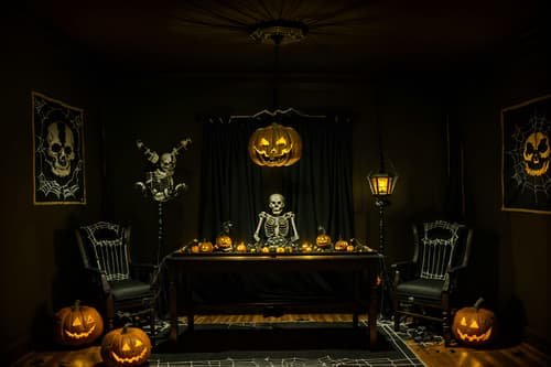 photo from pinterest of halloween-style interior designed (gaming room interior) . with human skulls and yellow black balloons and lanterns and cobwebs and skeletons sitting and standing and cobwebs and lanterns and glowing pumpkins. . cinematic photo, highly detailed, cinematic lighting, ultra-detailed, ultrarealistic, photorealism, 8k. trending on pinterest. halloween interior design style. masterpiece, cinematic light, ultrarealistic+, photorealistic+, 8k, raw photo, realistic, sharp focus on eyes, (symmetrical eyes), (intact eyes), hyperrealistic, highest quality, best quality, , highly detailed, masterpiece, best quality, extremely detailed 8k wallpaper, masterpiece, best quality, ultra-detailed, best shadow, detailed background, detailed face, detailed eyes, high contrast, best illumination, detailed face, dulux, caustic, dynamic angle, detailed glow. dramatic lighting. highly detailed, insanely detailed hair, symmetrical, intricate details, professionally retouched, 8k high definition. strong bokeh. award winning photo.