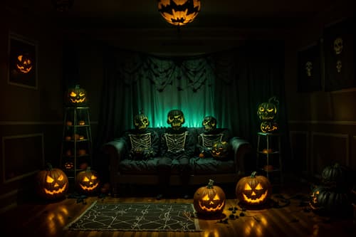 photo from pinterest of halloween-style interior designed (gaming room interior) . with human skulls and yellow black balloons and lanterns and cobwebs and skeletons sitting and standing and cobwebs and lanterns and glowing pumpkins. . cinematic photo, highly detailed, cinematic lighting, ultra-detailed, ultrarealistic, photorealism, 8k. trending on pinterest. halloween interior design style. masterpiece, cinematic light, ultrarealistic+, photorealistic+, 8k, raw photo, realistic, sharp focus on eyes, (symmetrical eyes), (intact eyes), hyperrealistic, highest quality, best quality, , highly detailed, masterpiece, best quality, extremely detailed 8k wallpaper, masterpiece, best quality, ultra-detailed, best shadow, detailed background, detailed face, detailed eyes, high contrast, best illumination, detailed face, dulux, caustic, dynamic angle, detailed glow. dramatic lighting. highly detailed, insanely detailed hair, symmetrical, intricate details, professionally retouched, 8k high definition. strong bokeh. award winning photo.