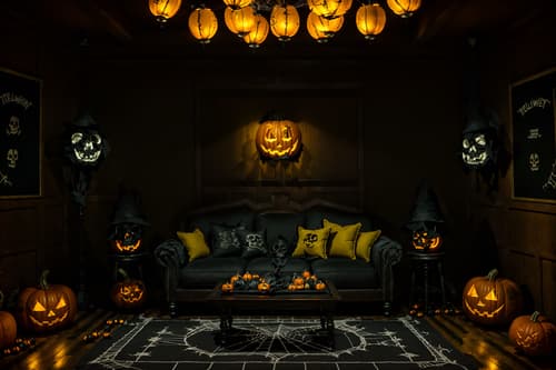 photo from pinterest of halloween-style interior designed (gaming room interior) . with human skulls and yellow black balloons and lanterns and cobwebs and skeletons sitting and standing and cobwebs and lanterns and glowing pumpkins. . cinematic photo, highly detailed, cinematic lighting, ultra-detailed, ultrarealistic, photorealism, 8k. trending on pinterest. halloween interior design style. masterpiece, cinematic light, ultrarealistic+, photorealistic+, 8k, raw photo, realistic, sharp focus on eyes, (symmetrical eyes), (intact eyes), hyperrealistic, highest quality, best quality, , highly detailed, masterpiece, best quality, extremely detailed 8k wallpaper, masterpiece, best quality, ultra-detailed, best shadow, detailed background, detailed face, detailed eyes, high contrast, best illumination, detailed face, dulux, caustic, dynamic angle, detailed glow. dramatic lighting. highly detailed, insanely detailed hair, symmetrical, intricate details, professionally retouched, 8k high definition. strong bokeh. award winning photo.