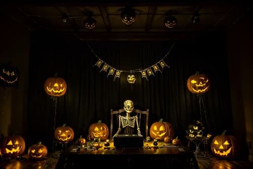 photo from pinterest of halloween-style interior designed (gaming room interior) . with human skulls and yellow black balloons and lanterns and cobwebs and skeletons sitting and standing and cobwebs and lanterns and glowing pumpkins. . cinematic photo, highly detailed, cinematic lighting, ultra-detailed, ultrarealistic, photorealism, 8k. trending on pinterest. halloween interior design style. masterpiece, cinematic light, ultrarealistic+, photorealistic+, 8k, raw photo, realistic, sharp focus on eyes, (symmetrical eyes), (intact eyes), hyperrealistic, highest quality, best quality, , highly detailed, masterpiece, best quality, extremely detailed 8k wallpaper, masterpiece, best quality, ultra-detailed, best shadow, detailed background, detailed face, detailed eyes, high contrast, best illumination, detailed face, dulux, caustic, dynamic angle, detailed glow. dramatic lighting. highly detailed, insanely detailed hair, symmetrical, intricate details, professionally retouched, 8k high definition. strong bokeh. award winning photo.