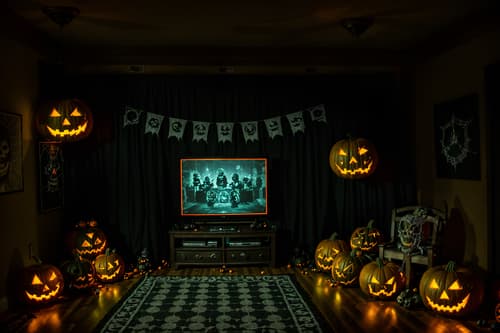 photo from pinterest of halloween-style interior designed (gaming room interior) . with human skulls and yellow black balloons and lanterns and cobwebs and skeletons sitting and standing and cobwebs and lanterns and glowing pumpkins. . cinematic photo, highly detailed, cinematic lighting, ultra-detailed, ultrarealistic, photorealism, 8k. trending on pinterest. halloween interior design style. masterpiece, cinematic light, ultrarealistic+, photorealistic+, 8k, raw photo, realistic, sharp focus on eyes, (symmetrical eyes), (intact eyes), hyperrealistic, highest quality, best quality, , highly detailed, masterpiece, best quality, extremely detailed 8k wallpaper, masterpiece, best quality, ultra-detailed, best shadow, detailed background, detailed face, detailed eyes, high contrast, best illumination, detailed face, dulux, caustic, dynamic angle, detailed glow. dramatic lighting. highly detailed, insanely detailed hair, symmetrical, intricate details, professionally retouched, 8k high definition. strong bokeh. award winning photo.