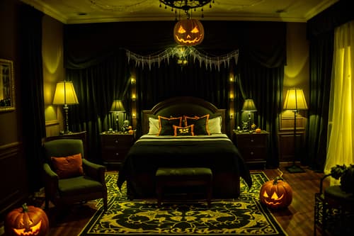 photo from pinterest of halloween-style interior designed (hotel room interior) with bed and storage bench or ottoman and hotel bathroom and accent chair and plant and night light and mirror and headboard. . with lanterns and skeletons sitting and standing and spiderwebs and glowing pumpkins and yellow black balloons and lanterns and cobwebs and human skulls. . cinematic photo, highly detailed, cinematic lighting, ultra-detailed, ultrarealistic, photorealism, 8k. trending on pinterest. halloween interior design style. masterpiece, cinematic light, ultrarealistic+, photorealistic+, 8k, raw photo, realistic, sharp focus on eyes, (symmetrical eyes), (intact eyes), hyperrealistic, highest quality, best quality, , highly detailed, masterpiece, best quality, extremely detailed 8k wallpaper, masterpiece, best quality, ultra-detailed, best shadow, detailed background, detailed face, detailed eyes, high contrast, best illumination, detailed face, dulux, caustic, dynamic angle, detailed glow. dramatic lighting. highly detailed, insanely detailed hair, symmetrical, intricate details, professionally retouched, 8k high definition. strong bokeh. award winning photo.