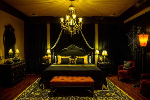 photo from pinterest of halloween-style interior designed (hotel room interior) with bed and storage bench or ottoman and hotel bathroom and accent chair and plant and night light and mirror and headboard. . with lanterns and skeletons sitting and standing and spiderwebs and glowing pumpkins and yellow black balloons and lanterns and cobwebs and human skulls. . cinematic photo, highly detailed, cinematic lighting, ultra-detailed, ultrarealistic, photorealism, 8k. trending on pinterest. halloween interior design style. masterpiece, cinematic light, ultrarealistic+, photorealistic+, 8k, raw photo, realistic, sharp focus on eyes, (symmetrical eyes), (intact eyes), hyperrealistic, highest quality, best quality, , highly detailed, masterpiece, best quality, extremely detailed 8k wallpaper, masterpiece, best quality, ultra-detailed, best shadow, detailed background, detailed face, detailed eyes, high contrast, best illumination, detailed face, dulux, caustic, dynamic angle, detailed glow. dramatic lighting. highly detailed, insanely detailed hair, symmetrical, intricate details, professionally retouched, 8k high definition. strong bokeh. award winning photo.