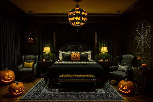 photo from pinterest of halloween-style interior designed (hotel room interior) with bed and storage bench or ottoman and hotel bathroom and accent chair and plant and night light and mirror and headboard. . with lanterns and skeletons sitting and standing and spiderwebs and glowing pumpkins and yellow black balloons and lanterns and cobwebs and human skulls. . cinematic photo, highly detailed, cinematic lighting, ultra-detailed, ultrarealistic, photorealism, 8k. trending on pinterest. halloween interior design style. masterpiece, cinematic light, ultrarealistic+, photorealistic+, 8k, raw photo, realistic, sharp focus on eyes, (symmetrical eyes), (intact eyes), hyperrealistic, highest quality, best quality, , highly detailed, masterpiece, best quality, extremely detailed 8k wallpaper, masterpiece, best quality, ultra-detailed, best shadow, detailed background, detailed face, detailed eyes, high contrast, best illumination, detailed face, dulux, caustic, dynamic angle, detailed glow. dramatic lighting. highly detailed, insanely detailed hair, symmetrical, intricate details, professionally retouched, 8k high definition. strong bokeh. award winning photo.