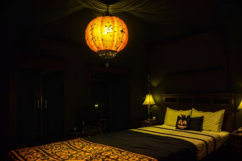 photo from pinterest of halloween-style interior designed (hotel room interior) with bed and storage bench or ottoman and hotel bathroom and accent chair and plant and night light and mirror and headboard. . with lanterns and skeletons sitting and standing and spiderwebs and glowing pumpkins and yellow black balloons and lanterns and cobwebs and human skulls. . cinematic photo, highly detailed, cinematic lighting, ultra-detailed, ultrarealistic, photorealism, 8k. trending on pinterest. halloween interior design style. masterpiece, cinematic light, ultrarealistic+, photorealistic+, 8k, raw photo, realistic, sharp focus on eyes, (symmetrical eyes), (intact eyes), hyperrealistic, highest quality, best quality, , highly detailed, masterpiece, best quality, extremely detailed 8k wallpaper, masterpiece, best quality, ultra-detailed, best shadow, detailed background, detailed face, detailed eyes, high contrast, best illumination, detailed face, dulux, caustic, dynamic angle, detailed glow. dramatic lighting. highly detailed, insanely detailed hair, symmetrical, intricate details, professionally retouched, 8k high definition. strong bokeh. award winning photo.