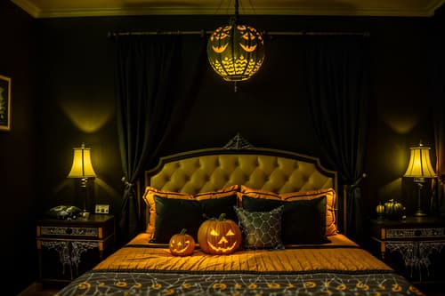 photo from pinterest of halloween-style interior designed (hotel room interior) with bed and storage bench or ottoman and hotel bathroom and accent chair and plant and night light and mirror and headboard. . with lanterns and skeletons sitting and standing and spiderwebs and glowing pumpkins and yellow black balloons and lanterns and cobwebs and human skulls. . cinematic photo, highly detailed, cinematic lighting, ultra-detailed, ultrarealistic, photorealism, 8k. trending on pinterest. halloween interior design style. masterpiece, cinematic light, ultrarealistic+, photorealistic+, 8k, raw photo, realistic, sharp focus on eyes, (symmetrical eyes), (intact eyes), hyperrealistic, highest quality, best quality, , highly detailed, masterpiece, best quality, extremely detailed 8k wallpaper, masterpiece, best quality, ultra-detailed, best shadow, detailed background, detailed face, detailed eyes, high contrast, best illumination, detailed face, dulux, caustic, dynamic angle, detailed glow. dramatic lighting. highly detailed, insanely detailed hair, symmetrical, intricate details, professionally retouched, 8k high definition. strong bokeh. award winning photo.
