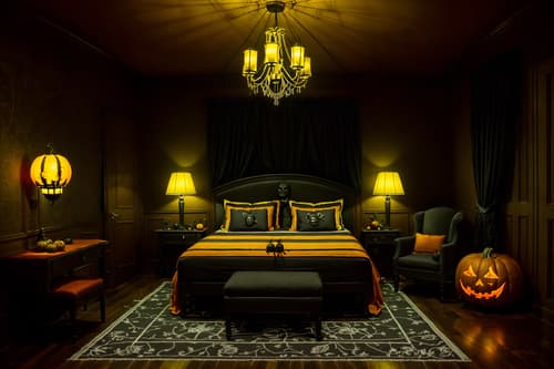 photo from pinterest of halloween-style interior designed (hotel room interior) with bed and storage bench or ottoman and hotel bathroom and accent chair and plant and night light and mirror and headboard. . with lanterns and skeletons sitting and standing and spiderwebs and glowing pumpkins and yellow black balloons and lanterns and cobwebs and human skulls. . cinematic photo, highly detailed, cinematic lighting, ultra-detailed, ultrarealistic, photorealism, 8k. trending on pinterest. halloween interior design style. masterpiece, cinematic light, ultrarealistic+, photorealistic+, 8k, raw photo, realistic, sharp focus on eyes, (symmetrical eyes), (intact eyes), hyperrealistic, highest quality, best quality, , highly detailed, masterpiece, best quality, extremely detailed 8k wallpaper, masterpiece, best quality, ultra-detailed, best shadow, detailed background, detailed face, detailed eyes, high contrast, best illumination, detailed face, dulux, caustic, dynamic angle, detailed glow. dramatic lighting. highly detailed, insanely detailed hair, symmetrical, intricate details, professionally retouched, 8k high definition. strong bokeh. award winning photo.