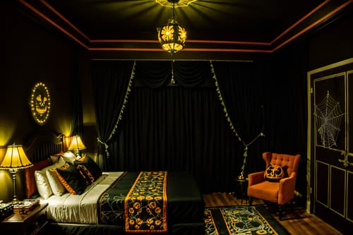 photo from pinterest of halloween-style interior designed (hotel room interior) with bed and storage bench or ottoman and hotel bathroom and accent chair and plant and night light and mirror and headboard. . with lanterns and skeletons sitting and standing and spiderwebs and glowing pumpkins and yellow black balloons and lanterns and cobwebs and human skulls. . cinematic photo, highly detailed, cinematic lighting, ultra-detailed, ultrarealistic, photorealism, 8k. trending on pinterest. halloween interior design style. masterpiece, cinematic light, ultrarealistic+, photorealistic+, 8k, raw photo, realistic, sharp focus on eyes, (symmetrical eyes), (intact eyes), hyperrealistic, highest quality, best quality, , highly detailed, masterpiece, best quality, extremely detailed 8k wallpaper, masterpiece, best quality, ultra-detailed, best shadow, detailed background, detailed face, detailed eyes, high contrast, best illumination, detailed face, dulux, caustic, dynamic angle, detailed glow. dramatic lighting. highly detailed, insanely detailed hair, symmetrical, intricate details, professionally retouched, 8k high definition. strong bokeh. award winning photo.