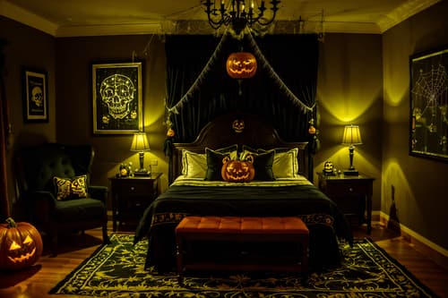 photo from pinterest of halloween-style interior designed (hotel room interior) with bed and storage bench or ottoman and hotel bathroom and accent chair and plant and night light and mirror and headboard. . with lanterns and skeletons sitting and standing and spiderwebs and glowing pumpkins and yellow black balloons and lanterns and cobwebs and human skulls. . cinematic photo, highly detailed, cinematic lighting, ultra-detailed, ultrarealistic, photorealism, 8k. trending on pinterest. halloween interior design style. masterpiece, cinematic light, ultrarealistic+, photorealistic+, 8k, raw photo, realistic, sharp focus on eyes, (symmetrical eyes), (intact eyes), hyperrealistic, highest quality, best quality, , highly detailed, masterpiece, best quality, extremely detailed 8k wallpaper, masterpiece, best quality, ultra-detailed, best shadow, detailed background, detailed face, detailed eyes, high contrast, best illumination, detailed face, dulux, caustic, dynamic angle, detailed glow. dramatic lighting. highly detailed, insanely detailed hair, symmetrical, intricate details, professionally retouched, 8k high definition. strong bokeh. award winning photo.