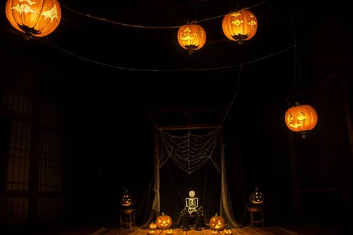 photo from pinterest of halloween-style interior designed (onsen interior) . with cobwebs and yellow black balloons and lanterns and glowing pumpkins and cobwebs and lanterns and skeletons sitting and standing and spiderwebs. . cinematic photo, highly detailed, cinematic lighting, ultra-detailed, ultrarealistic, photorealism, 8k. trending on pinterest. halloween interior design style. masterpiece, cinematic light, ultrarealistic+, photorealistic+, 8k, raw photo, realistic, sharp focus on eyes, (symmetrical eyes), (intact eyes), hyperrealistic, highest quality, best quality, , highly detailed, masterpiece, best quality, extremely detailed 8k wallpaper, masterpiece, best quality, ultra-detailed, best shadow, detailed background, detailed face, detailed eyes, high contrast, best illumination, detailed face, dulux, caustic, dynamic angle, detailed glow. dramatic lighting. highly detailed, insanely detailed hair, symmetrical, intricate details, professionally retouched, 8k high definition. strong bokeh. award winning photo.