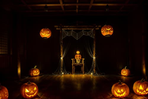 photo from pinterest of halloween-style interior designed (onsen interior) . with cobwebs and yellow black balloons and lanterns and glowing pumpkins and cobwebs and lanterns and skeletons sitting and standing and spiderwebs. . cinematic photo, highly detailed, cinematic lighting, ultra-detailed, ultrarealistic, photorealism, 8k. trending on pinterest. halloween interior design style. masterpiece, cinematic light, ultrarealistic+, photorealistic+, 8k, raw photo, realistic, sharp focus on eyes, (symmetrical eyes), (intact eyes), hyperrealistic, highest quality, best quality, , highly detailed, masterpiece, best quality, extremely detailed 8k wallpaper, masterpiece, best quality, ultra-detailed, best shadow, detailed background, detailed face, detailed eyes, high contrast, best illumination, detailed face, dulux, caustic, dynamic angle, detailed glow. dramatic lighting. highly detailed, insanely detailed hair, symmetrical, intricate details, professionally retouched, 8k high definition. strong bokeh. award winning photo.